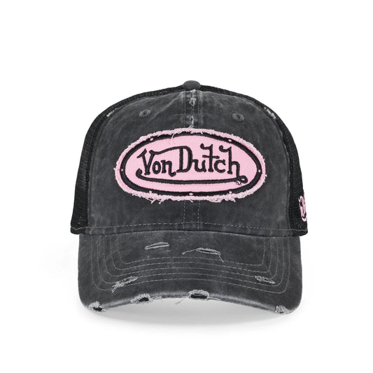 VON DUTCH Distressed Snapback Trucker Cap - Black/Pink