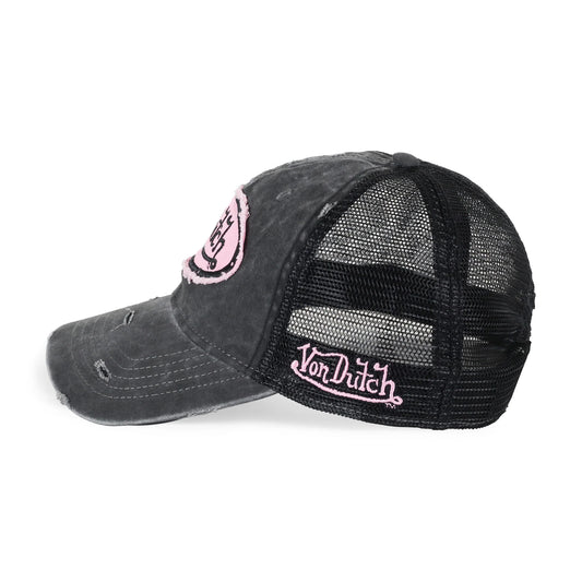 VON DUTCH Distressed Snapback Trucker Cap - Black/Pink