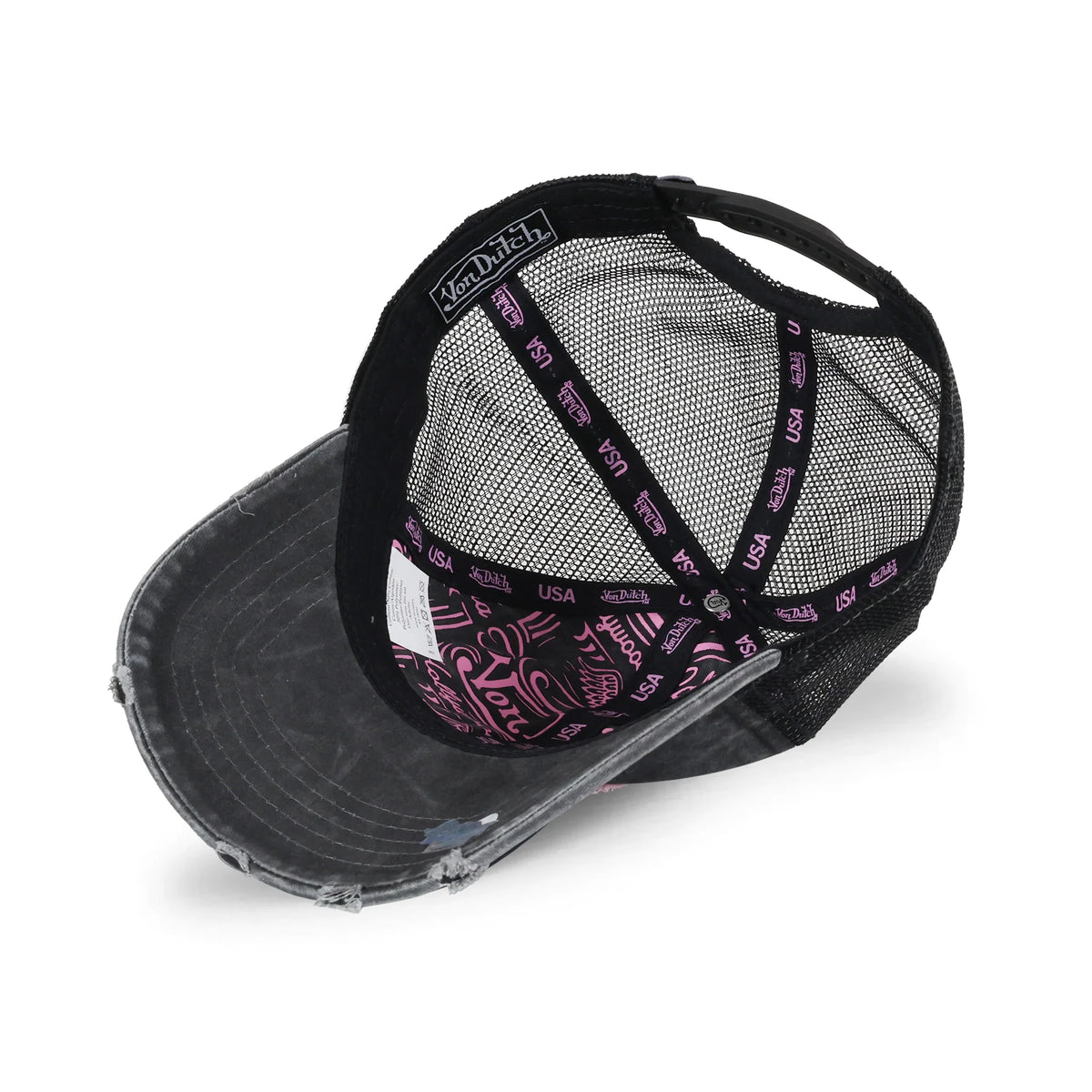 VON DUTCH Distressed Snapback Trucker Cap - Black/Pink