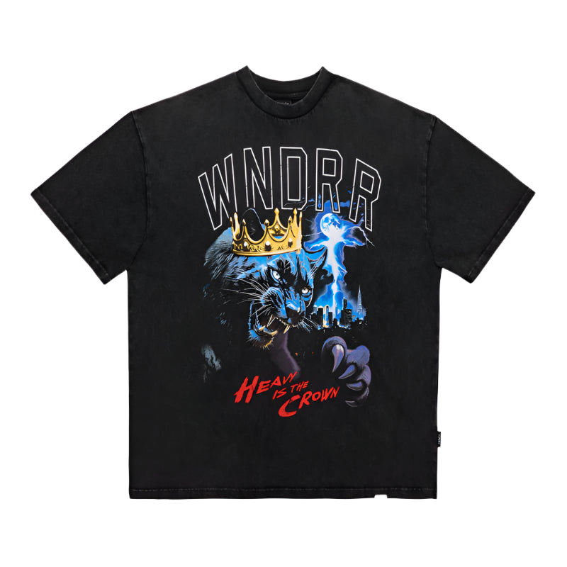 Black t-shirt with graphic design and text on a white background
