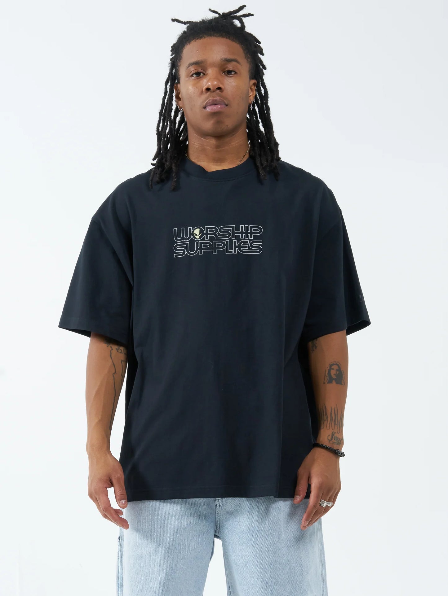 WORSHIP Visitors Box Fit Oversize Mens Tee - Washed Black