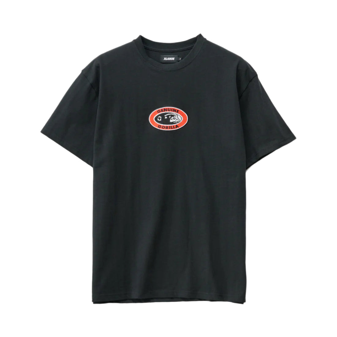 Black t-shirt with a red and white logo on a light gray background