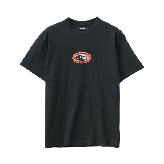 Black t-shirt with a red and white logo on a light gray background