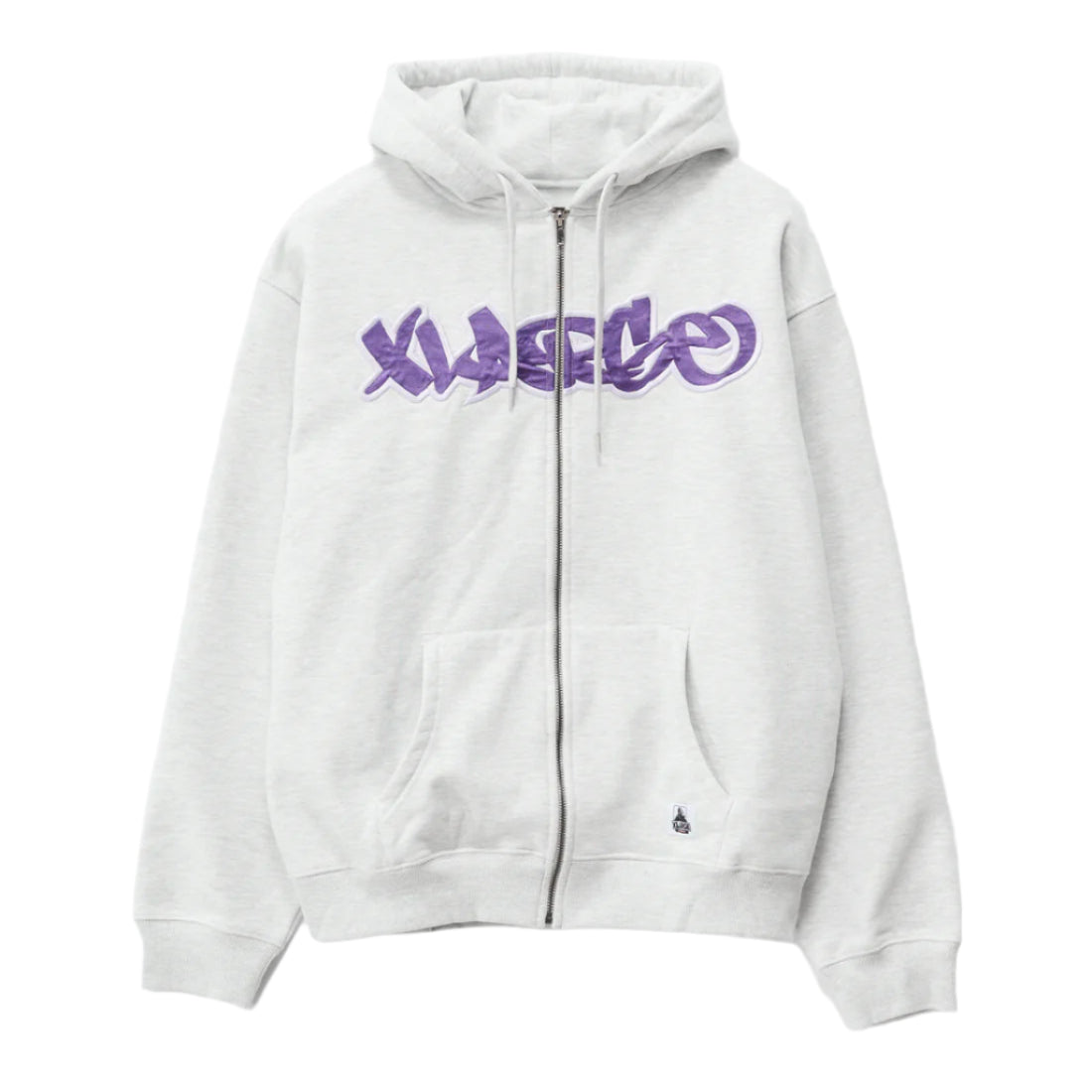 White hoodie with purple text on a white background