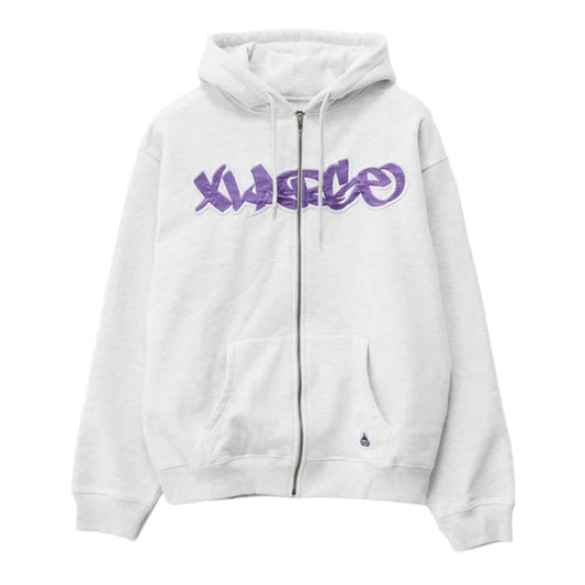 White hoodie with purple text on a white background