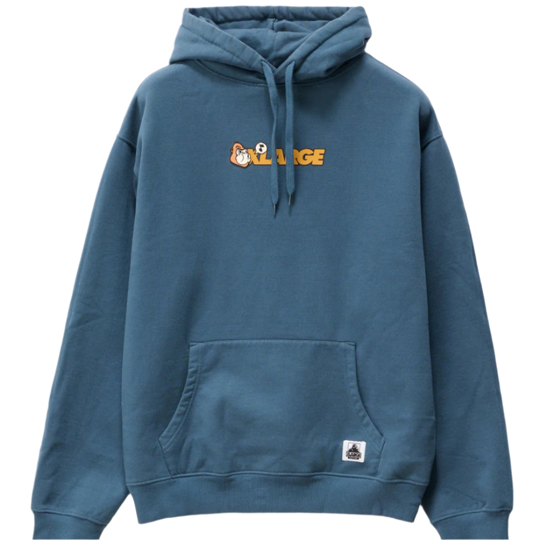 Blue hoodie with a logo on a white background