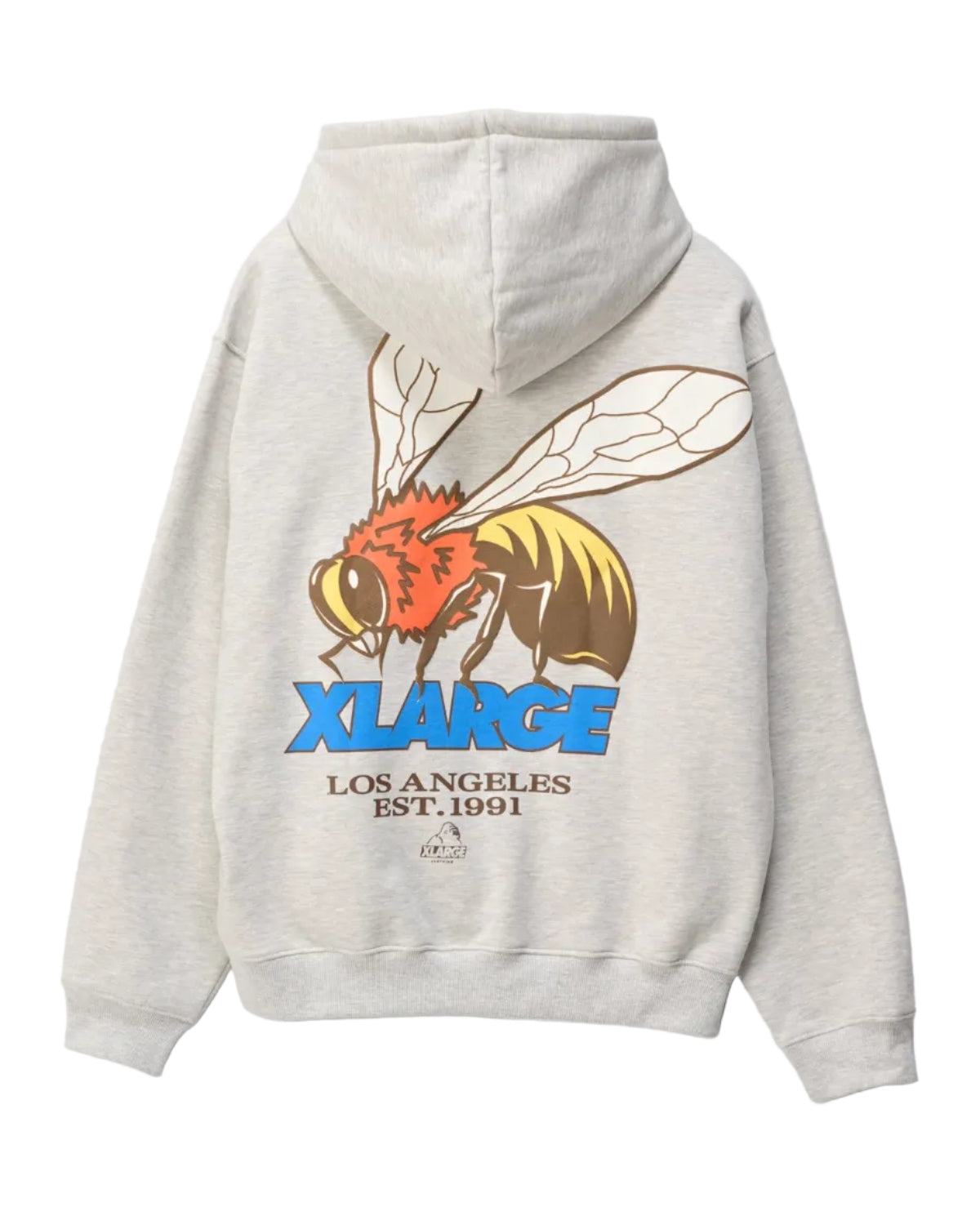 A light heather gray hoodie shown from the back, featuring a large graphic print of a yellow and orange bee with the text 'XLARGE LOS ANGELES EST. 1991' in blue and brown.