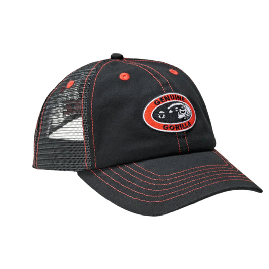 Black cap with red accents and a logo on a light gray background