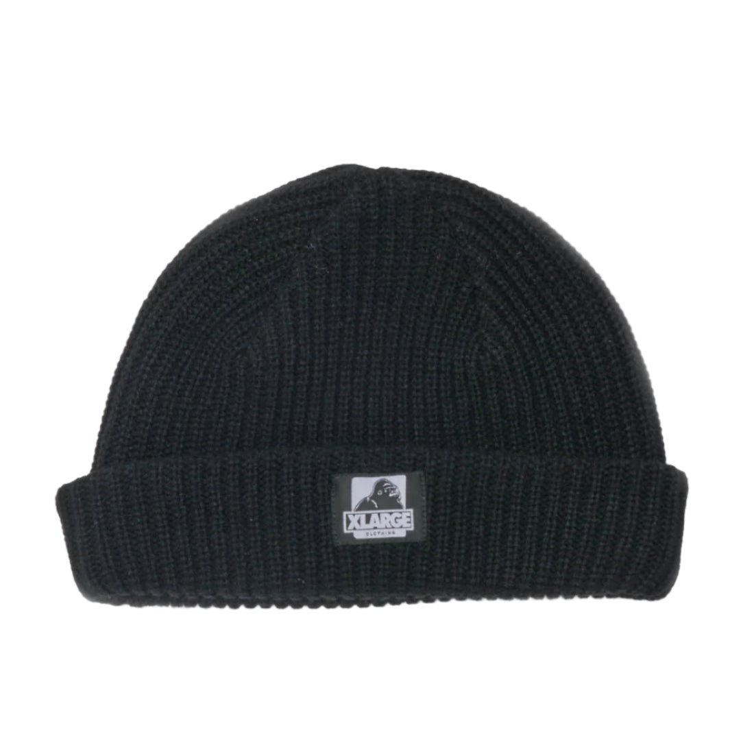 Black beanie with a logo on a white background