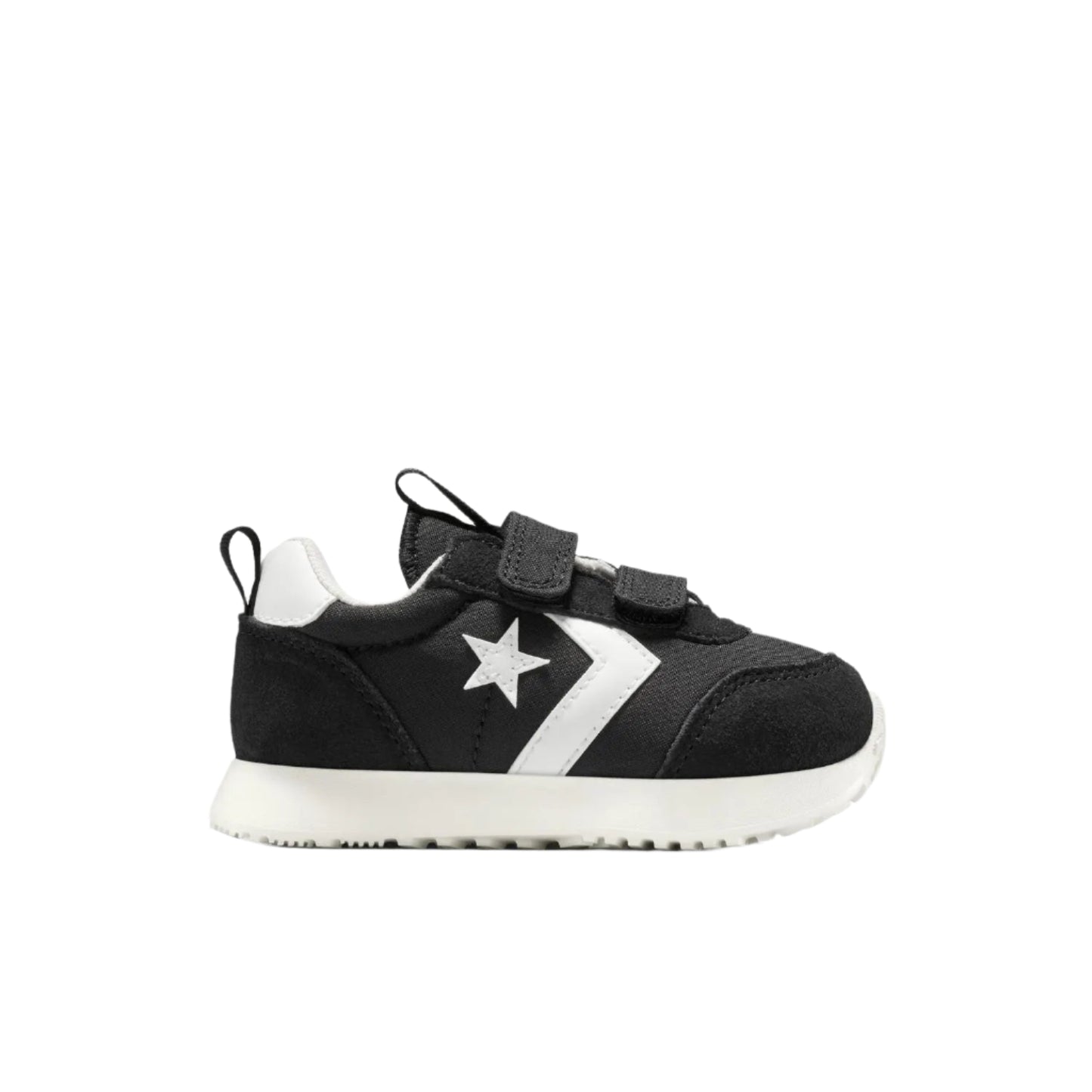 Black and white sneaker with a star logo on a white background
