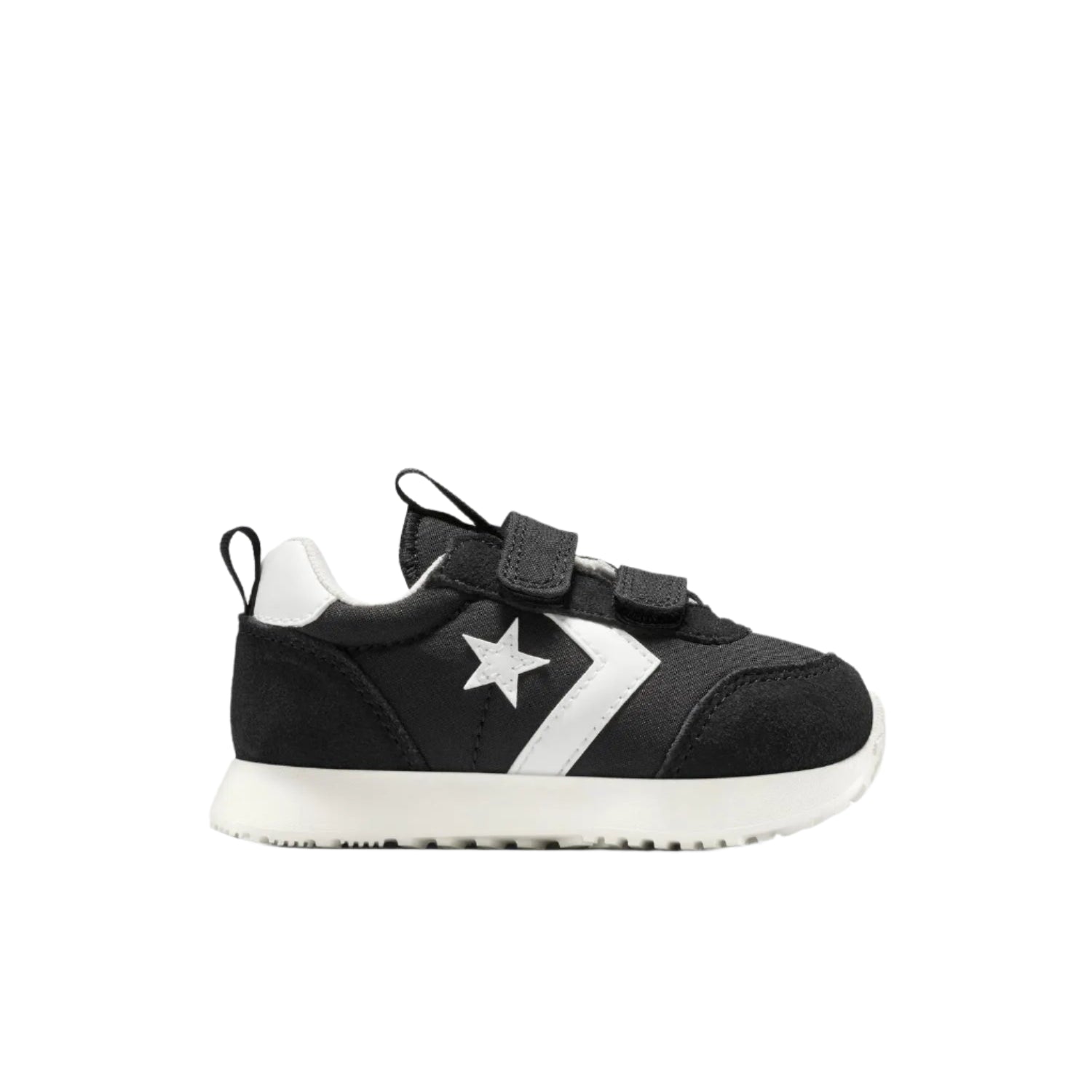 Black and white sneaker with a star logo on a white background