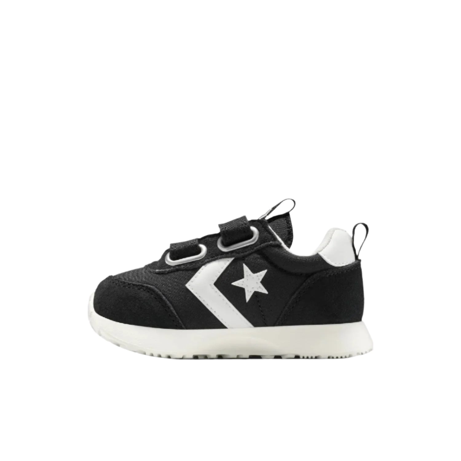 Black sneaker with a white star logo on a white background