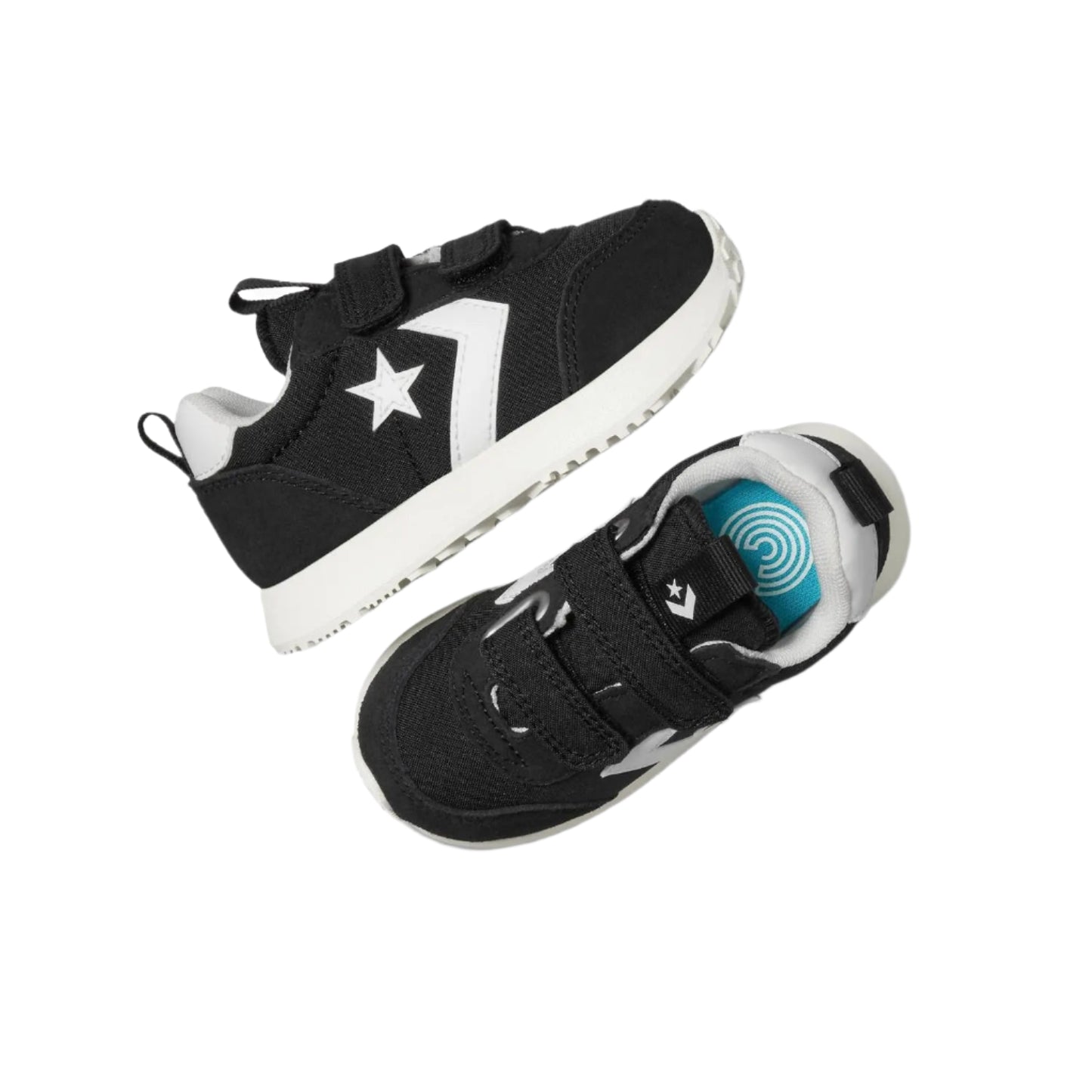 Black and white sneakers with a star logo on a white background
