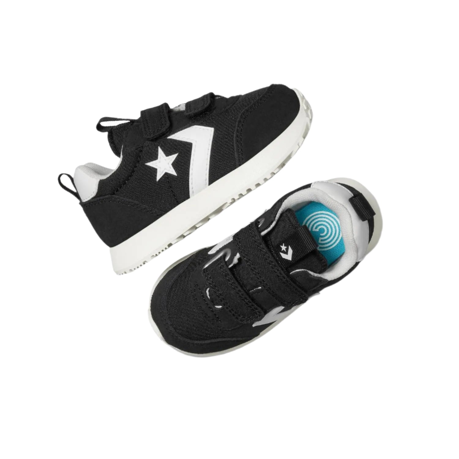 Black and white sneakers with a star logo on a white background