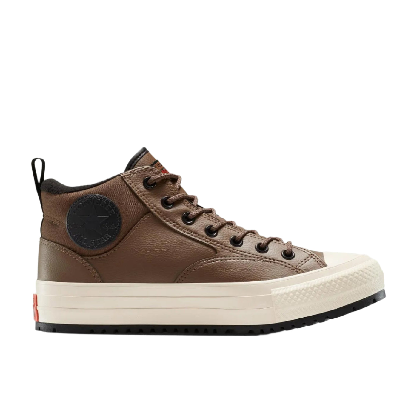Brown high-top sneaker with white sole on a white background