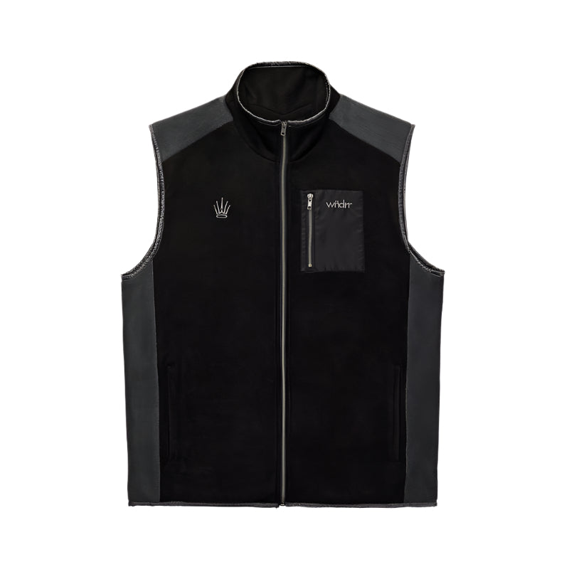 Black fleece vest with a brand logo on a light gray background