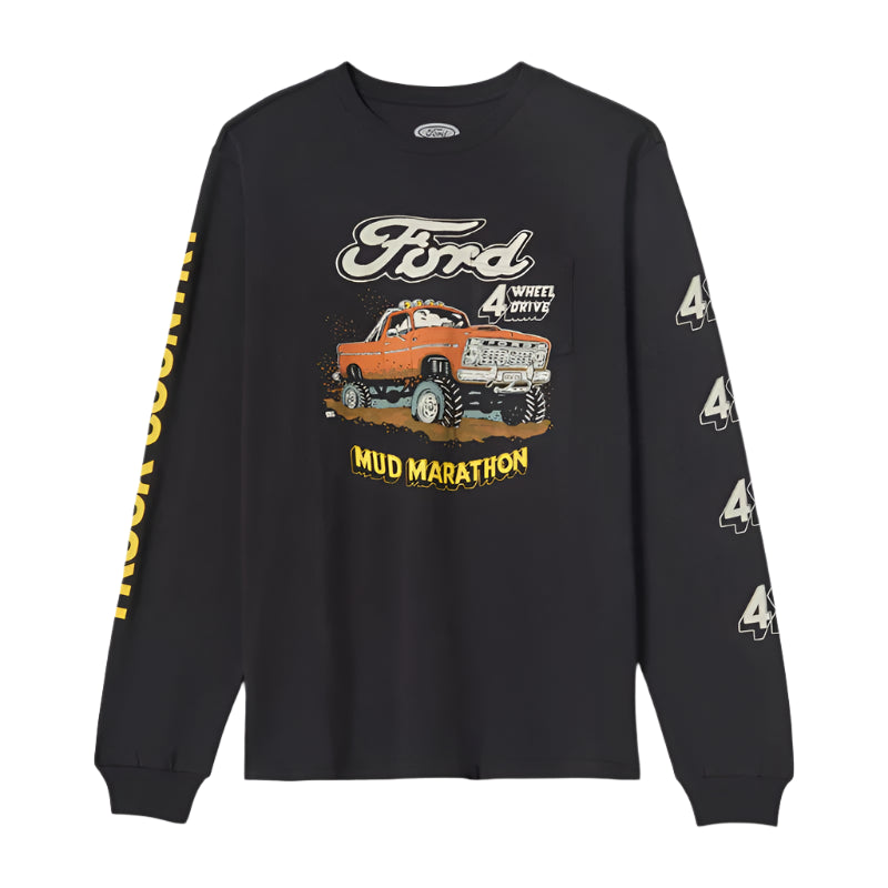 Black long-sleeve shirt with Ford graphic and 'Mud Marathon' text on a white background