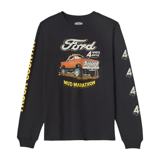 Black long-sleeve shirt with Ford graphic and 'Mud Marathon' text on a white background