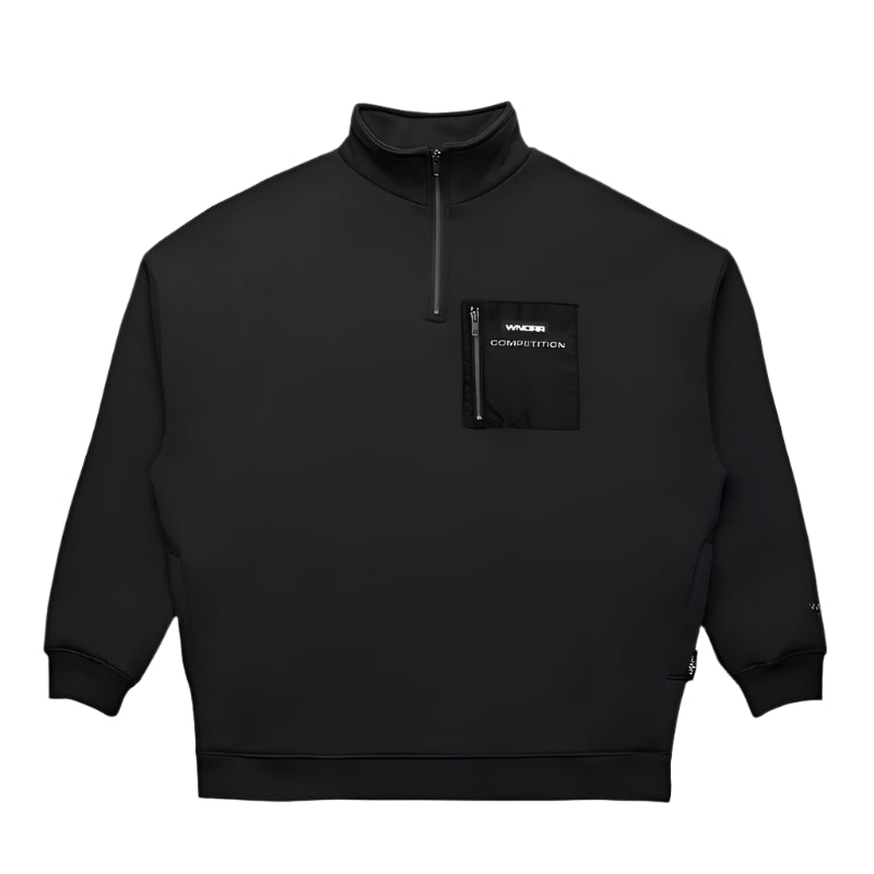 Black half-zip sweatshirt with a small logo on a light gray background