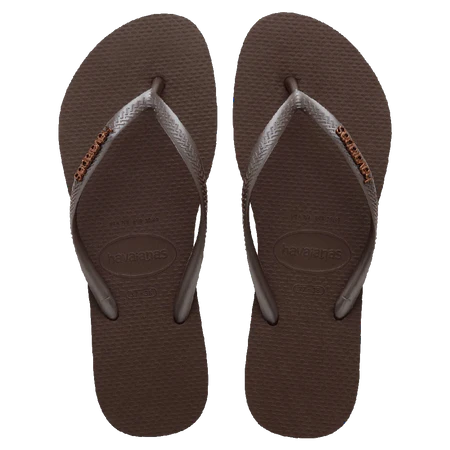 HAVAIANAS Slim Metal Logo Dark Brown Thong - Brown