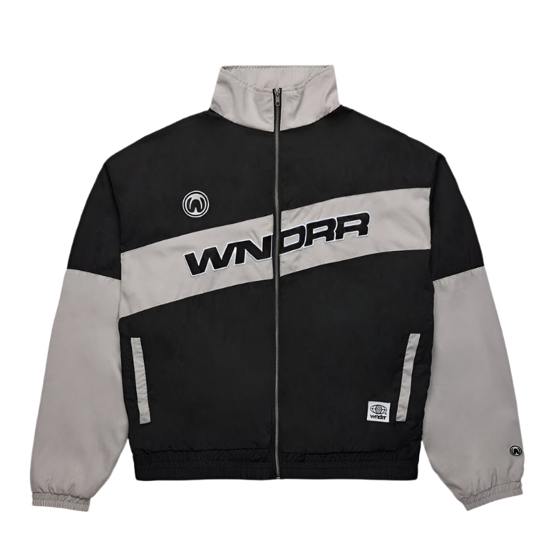 Black and gray jacket with 'WINDRA' branding on a white background