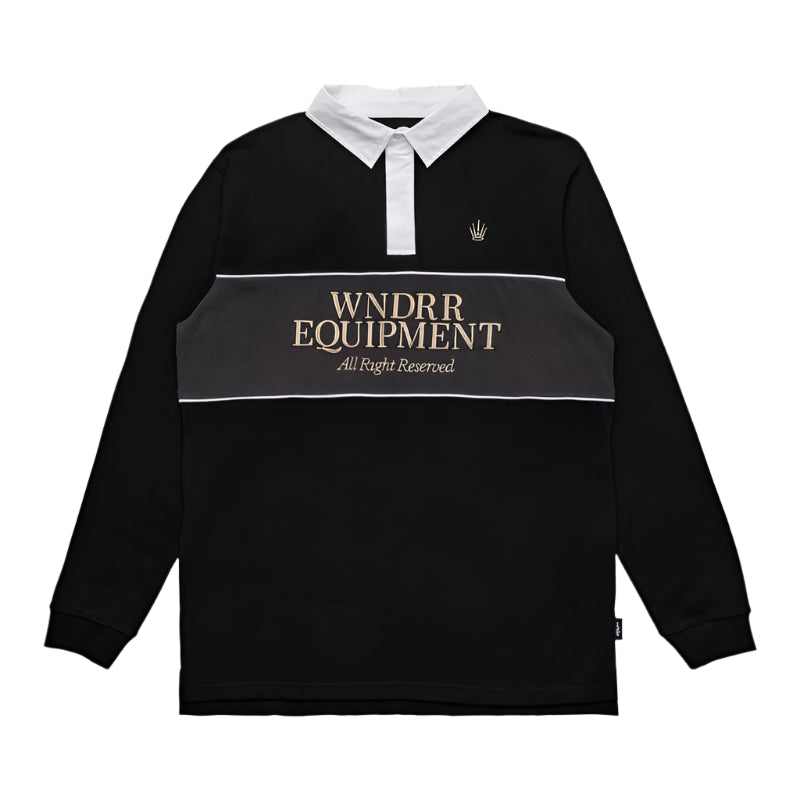 Black long-sleeve shirt with white collar and 'WNDRR Equipment' logo on a light gray background